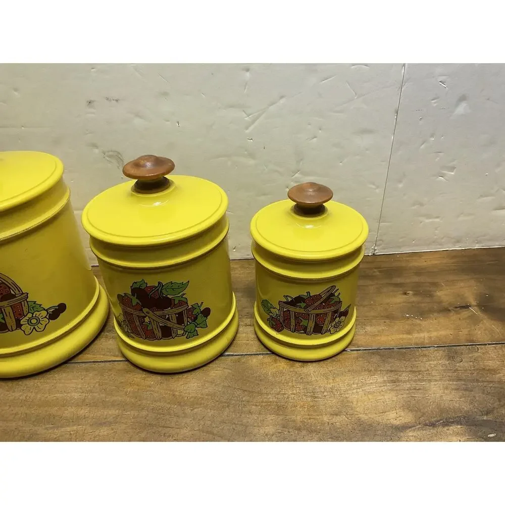 Vtg 70s Kromex Yellow Fruit Basket Aluminum Kitchen Canister Set